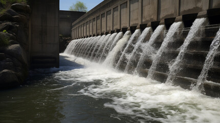Water flowing out of a dam in the middle of a river. Generative AI