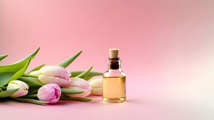 Obraz na płótnie Canvas bottle of essential oil with tulips flowers on pink background spa concept banner.