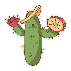 Sticker with cute cactus character. Cartoon vector color illustration.