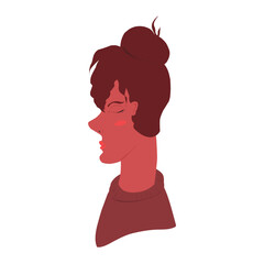 Fototapeta premium Girl with closed eyes, stands in profile, with a bun on her head and in a sweater, a flat hand-drawn illustration