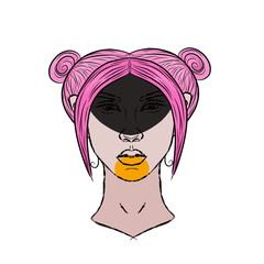 The head of a girl with pink hair, a beautiful symmetrical face, buns of hair, colored spots on her face, a ragged stroke outline