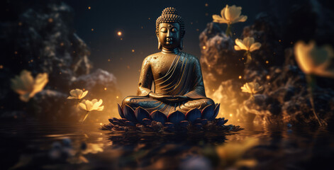 Buddha meditating on lotuses, generative AI