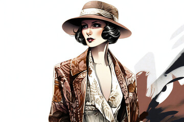 Naklejka na ściany i meble Beautiful young woman in a hat and coat, Fashion illustration, Generative AI