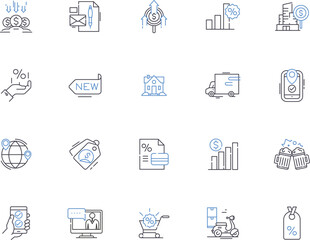 Market outline icons collection. market, trading, stocks, commodities, investing, retail, selling vector and illustration concept set. consumers, demand, supply linear signs
