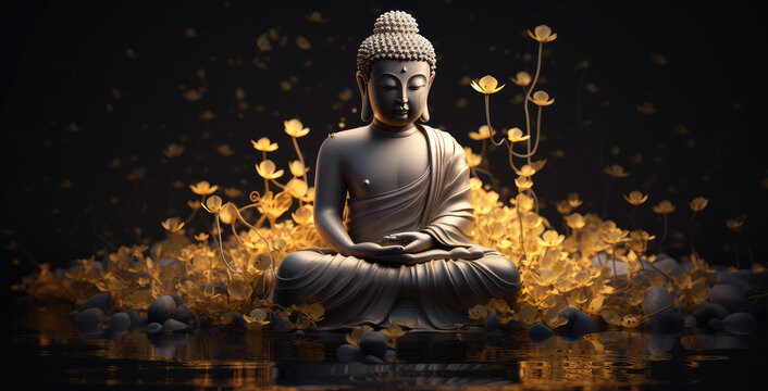Buddha meditating on lotuses, generative AI
