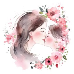 Fototapeta premium Mother's day watercolor illustration of mother and baby on white Background. generative Ai