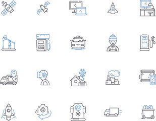 Machines outline icons collection. Robots, Automata, Engines, Automation, Computers, Motors, Gensets vector and illustration concept set. Machinery, Tools, CNC linear signs