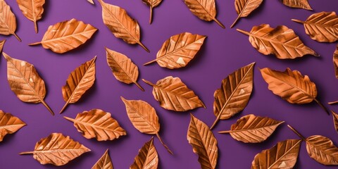 Dry orange metallic leaves on violet background banner - generative ai