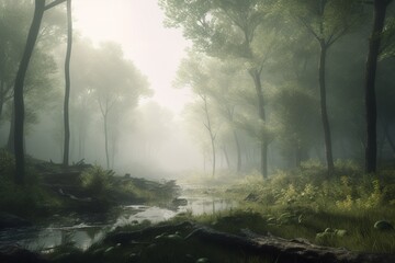 A minimalist landscape with a serene forest or woodland scene, Generative AI
