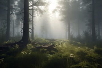 A minimalist landscape with a serene forest or woodland scene, Generative AI