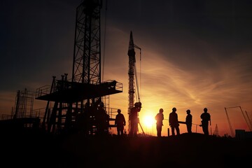 Naklejka premium Silhouette of engineers and construction team working next to an industrial structure - generative ai