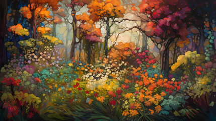 絵画調の虹色の森林 No.005 | Rainbow forest in pictorial style Generative AI