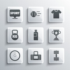Set Sport bag, Dumbbell, Award cup, Fitness shaker, Weight plate, Kettlebell, Location gym and T-shirt icon. Vector