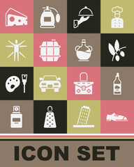 Set Men shoes, Bottle of olive oil, Olives branch, Covered with tray food, Barrel for wine, Vitruvian Man, Cheese and icon. Vector