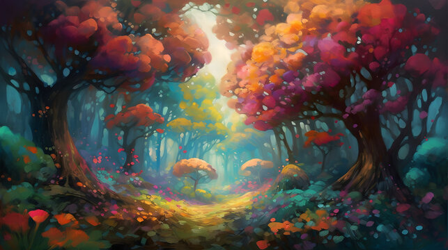 絵画調の虹色の森林 No.001 | Rainbow forest in pictorial style Generative AI