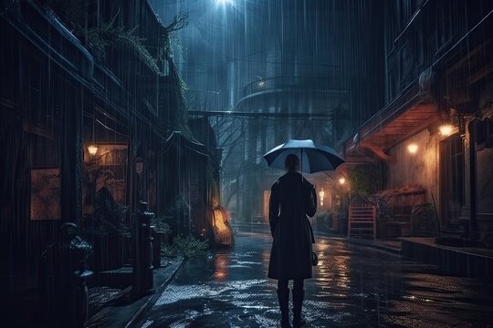 Woman holding umbrella standing alone in abandoned city on a rainy winter night, fantasy, anime - generative ai