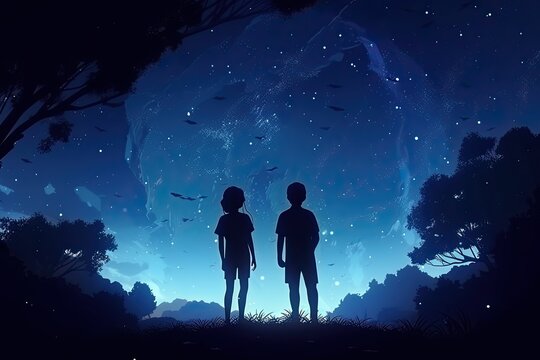 Young couple looking at the night sky, mysterious light, anime, fantasy - generative ai