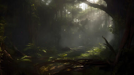 Fototapeta premium 原生林の朝日 | Morning sun in the primeval forest Generative AI