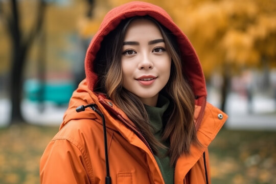 young adult woman with rain jacket in nice autumn weather with sunshine. Generative AI