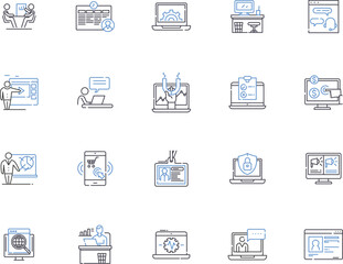Online business outline icons collection. Ecommerce, Storefront, Digital, Merchandise, Marketplace, Advertising, Services vector and illustration concept set. Platforms, Retailing, Payment linear