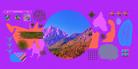 Contemporary digital collage art. Modern anti-design. Chaos abstraction, geometry and nature scene