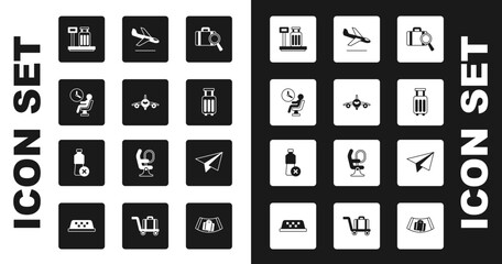 Set Lost baggage, Plane, Human waiting in airport terminal, Scale with suitcase, Suitcase, landing, Paper airplane and No water bottle icon. Vector