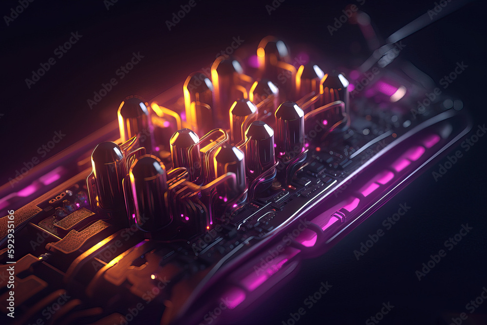 Poster hyper realistic close up of glowing computer circuit board in 3d - generative ai
