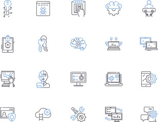 Server outline icons collection. Server, Hosting, Servers, Web-Server, Database, DNS, Virtual vector and illustration concept set. Rack, Cloud, Linux linear signs
