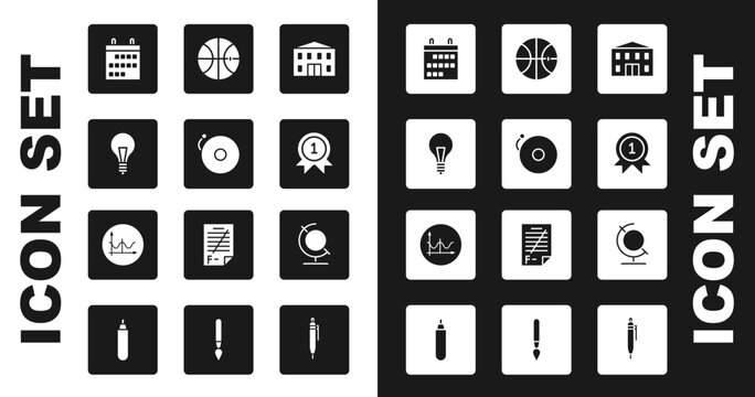 Set School building, Ringing alarm bell, Light bulb with concept of idea, Calendar, Medal, Basketball ball, Earth globe and Graph, schedule, chart, diagram icon. Vector