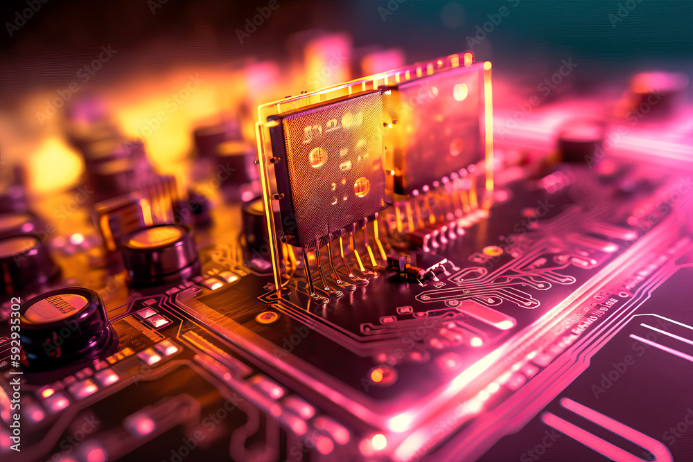 Poster hyper realistic close up of glowing computer circuit board in 3d - generative ai