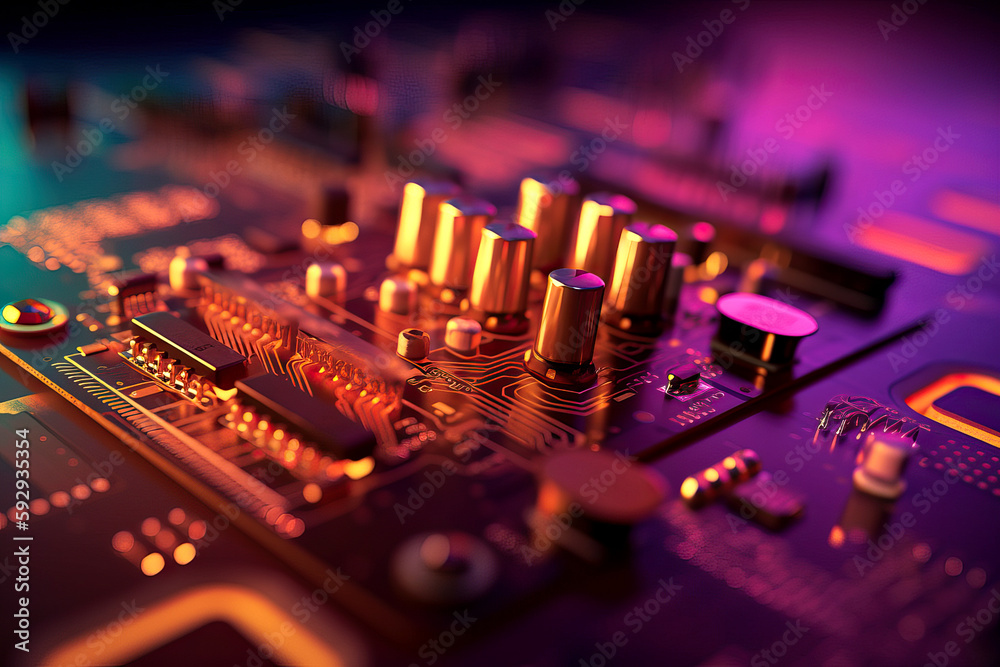 Poster hyper realistic close up of glowing computer circuit board in 3d - generative ai