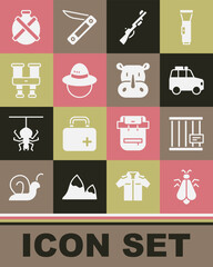 Set Mosquito, Animal cage, Car, Hunting gun, Camping hat, Binoculars, Canteen water bottle and Rhinoceros icon. Vector
