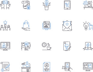 Business startup outline icons collection. Entrepreneur, Investment, Plan, Market, Management, Growth, Customers vector and illustration concept set. Advertising, Profitability, Financing linear signs