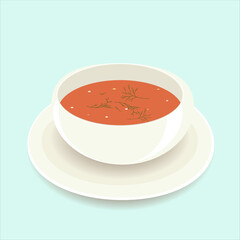 Tomato soup isolated. Vector illustration. Hot bowl of tomato soup with fennel, dish isolated icon.