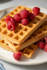 Closeup waffles with berries in plate served with cup of tea.
