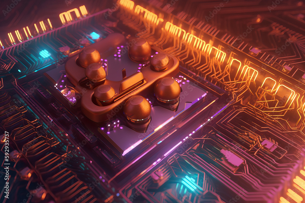 Poster 3d rendering quantum processor, quantum computer.ai technology generated image.