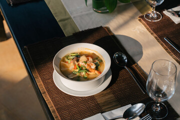 Famous Thai food on the wooden table for the breakfast