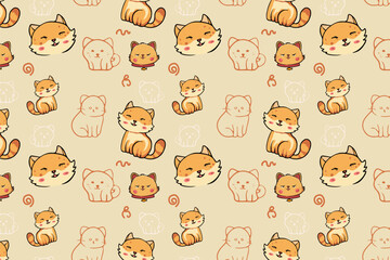 Cute Kawaii Cats or kittens in funny poses vector seamless pattern. Funny cartoon fat cats for print or sticker design. 