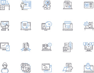 Online business outline icons collection. Ecommerce, Storefront, Digital, Merchandise, Marketplace, Advertising, Services vector and illustration concept set. Platforms, Retailing, Payment linear