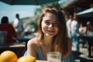 girl teenager or young adult woman outside in a cafe in sunshine in summer weather. Generative AI