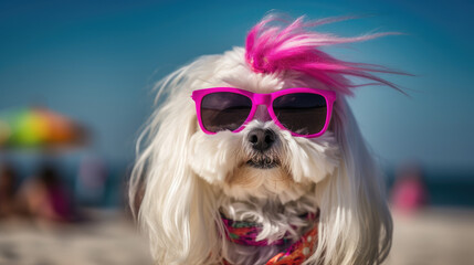  Lindo perrito bichon maltes blanco con gafas rosas en la playa. Ilustración de IA Generativa 