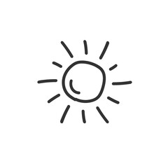 Sun hand drawn icon. Sun line icon. Sunshine vector sign. Sunny symbol. Weather forecast sun sign design. Sunlight with ray pictogram. UX UI icon
