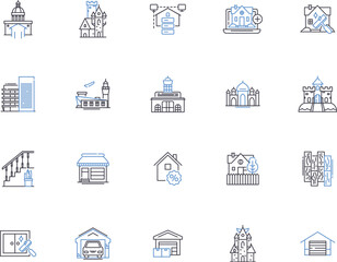 Houses outline icons collection. Home, Residence, Abode, Dwelling, Mansion, Lodgings, Villa vector and illustration concept set. Condo, Cottage, Bungalow linear signs