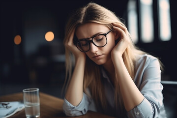 headache of woman at desk or depression. Generative AI