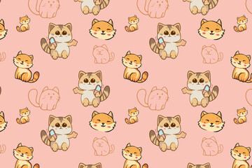 Cute Kawaii Cats or kittens in funny poses vector seamless pattern. Funny cartoon fat cats for print or sticker design. 