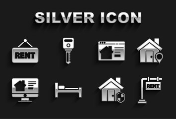 Set Bed, Location with house, Hanging sign Rent, House under protection, Online real estate, and key icon. Vector