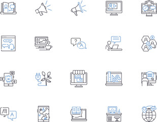 Social media outline icons collection. Social, Media, Networking, Platform, Advertising, Sharing, Digital vector and illustration concept set. Online, Connecting, Engaging linear signs