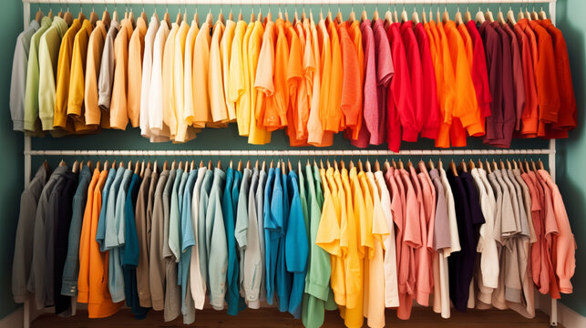 Colorful shirts on hangers in dressing room, closeup view Generative AI