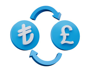 3d White Lira And Pound Symbol On Rounded Blue Icons With Money Exchange Arrows, 3d illustration