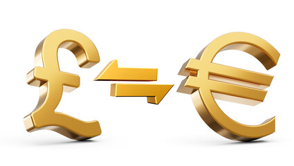 3d Golden Pound And Euro Symbol Icon With Money Exchange Arrows On White Background, 3d illustration